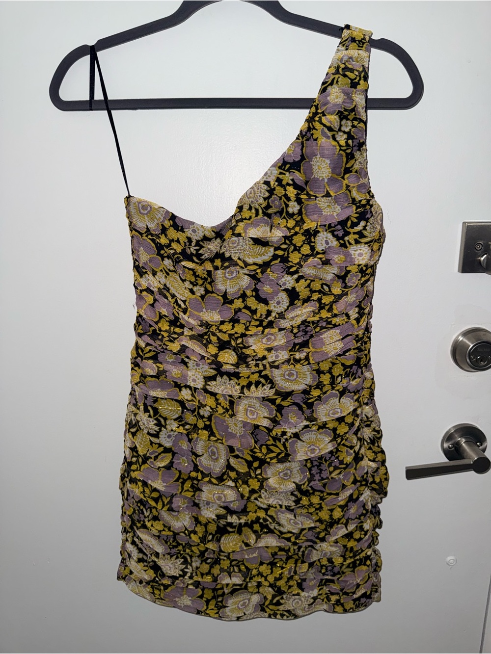 Zara One Shoulder Ruched Floral Lurex Bodycon Mini Dress Lilac Mustard Size S